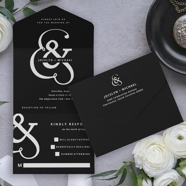 Whimsischer Ampersand | Moody Black Wedding All In One Einladung (Von Creator hochgeladen)