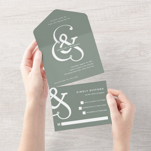 Whimsischer Ampersand | Sage Green Wedding All In One Einladung (Abreißen)