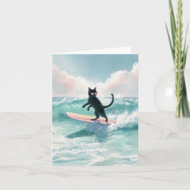 Whimsischer Black Cat Surfer Card Karte (Vorderseite)