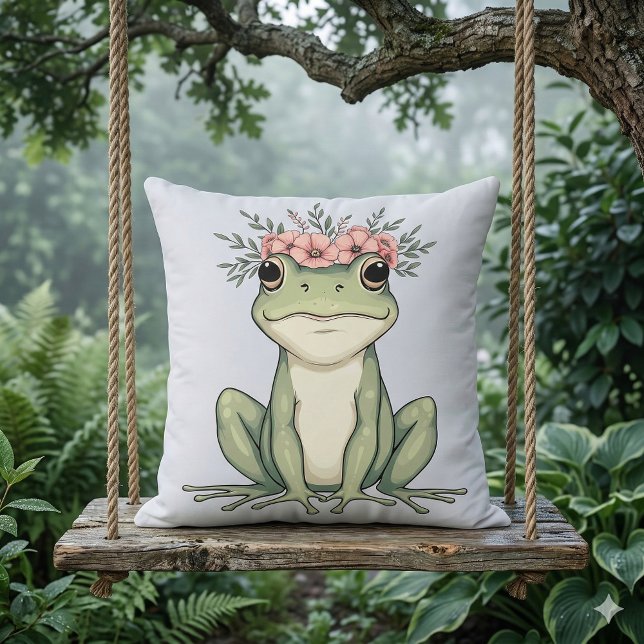 Whimsischer Blumenfrosch Kernkunst Kissen (Whimsical Floral Frog Cottagecore Art Throw Pillow Mockup C)