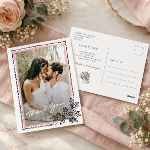Whimsischer Blumenrahmen Foto Hochzeit Danke Postkarte