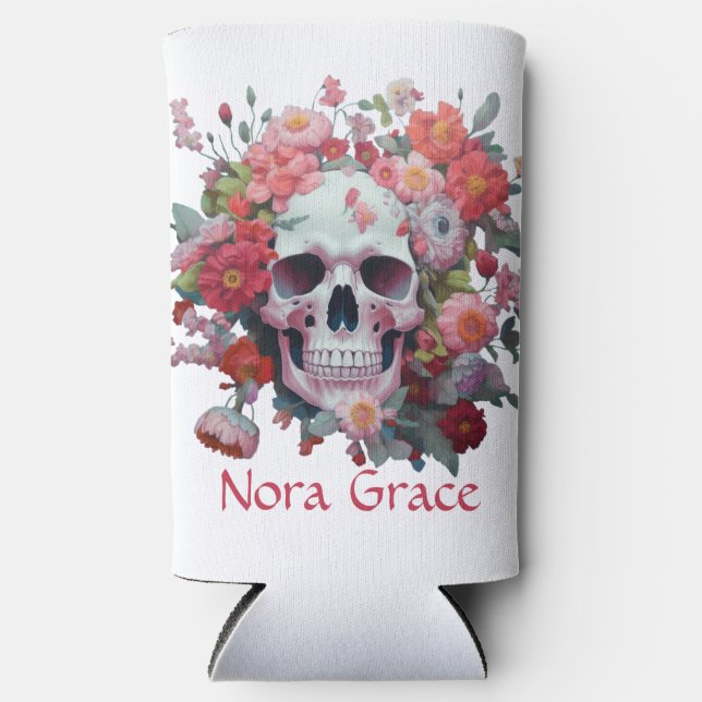 Whimsischer Blumenschädel Selters Dosenkühler (Vorderseite)