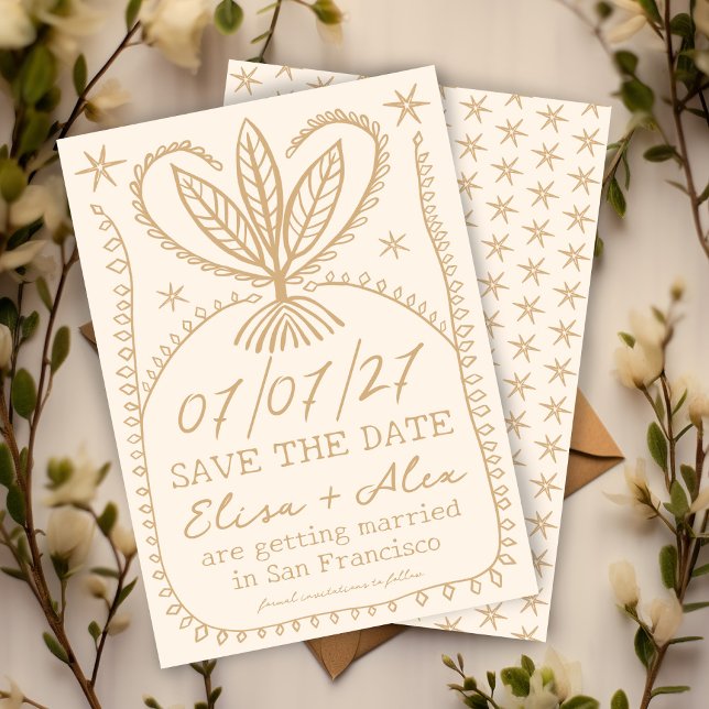 Whimsischer Boho-Rahmen Elegant SAVE THE DATE INDI (Whimsical Boho Frame Elegant SAVE THE DATE CUSTOM
botanical stars cream beige gold)
