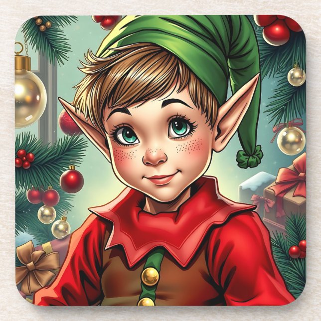 Whimsischer Cartoon-Elf | Weihnachten Getränkeuntersetzer (Vorderseite)