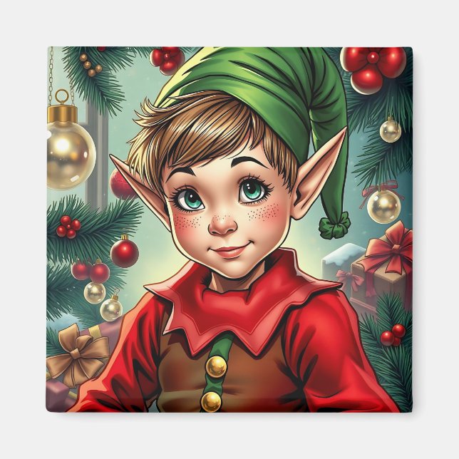Whimsischer Cartoon-Elf | Weihnachten Magnet (Vorne)