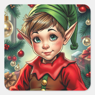 Whimsischer Cartoon-Elf Weihnachten Quadratischer Aufkleber