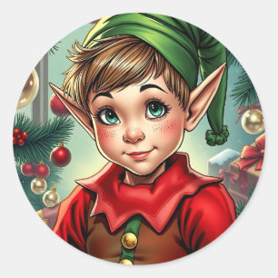 Whimsischer Cartoon-Elf Weihnachten Runder Aufkleber