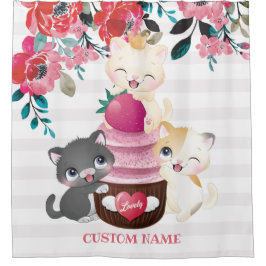 Whimsischer Cartoon Katzen Erdbeere Cupcake Duschvorhang