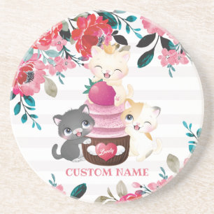 Whimsischer Cartoon Katzen Erdbeere Cupcake Getränkeuntersetzer