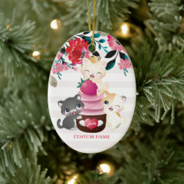 Whimsischer Cartoon Katzen Erdbeere Cupcake Keramik Ornament