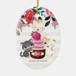 Whimsischer Cartoon Katzen Erdbeere Cupcake Keramik Ornament