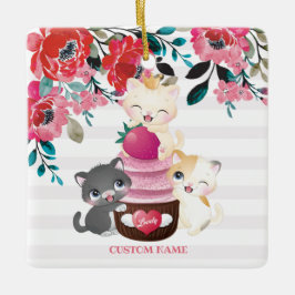 Whimsischer Cartoon Katzen Erdbeere Cupcake Keramikornament