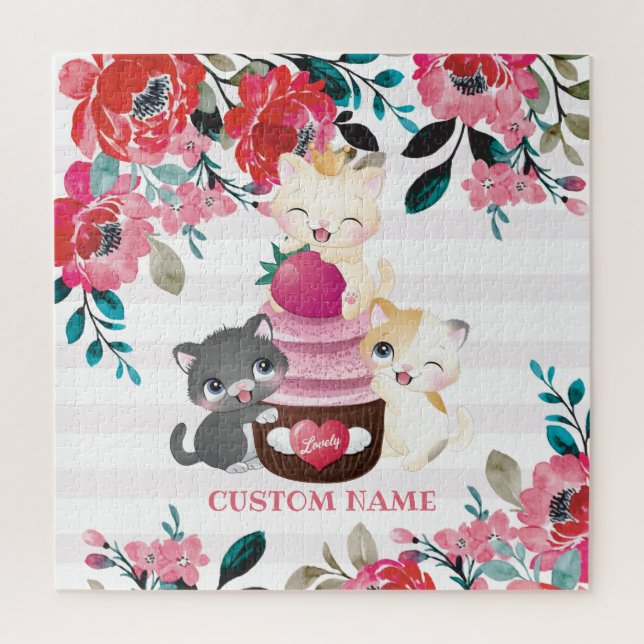 Whimsischer Cartoon Katzen Erdbeere Cupcake Puzzle (Vertikal)