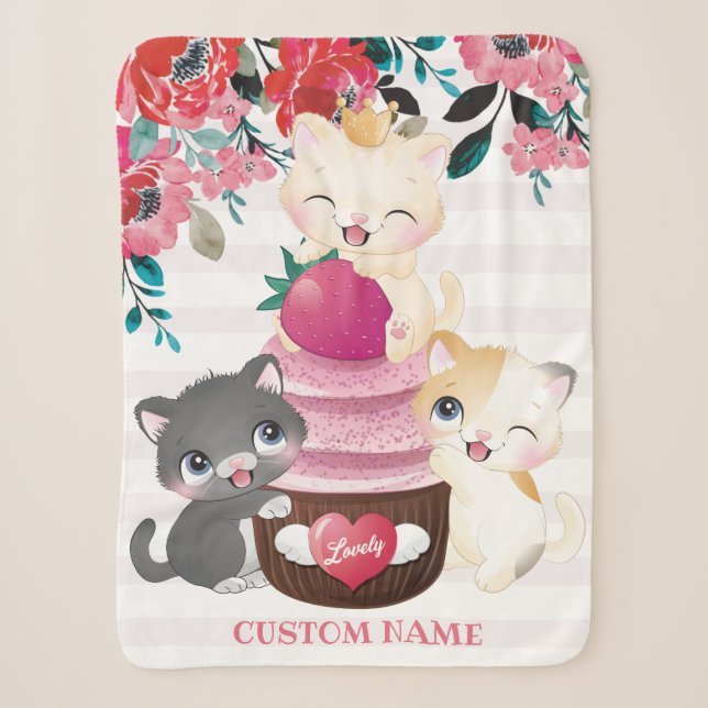 Whimsischer Cartoon Katzen Erdbeere Cupcake Sherpadecke (Vorderseite)