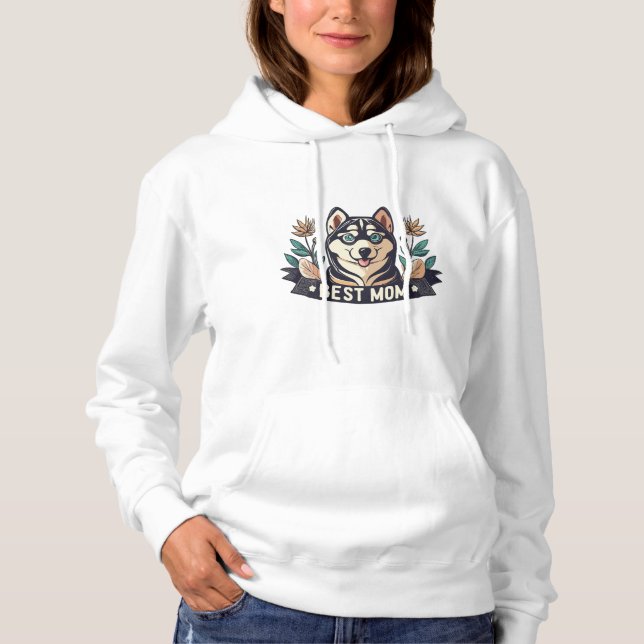 Whimsischer Cartoon Sibirische Husky Hund Mama Hoodie (Vorderseite)