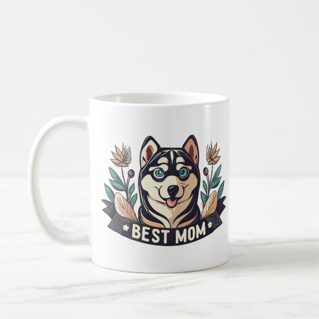 Whimsischer Cartoon Sibirische Husky Hund Mama Kaffeetasse (Links)