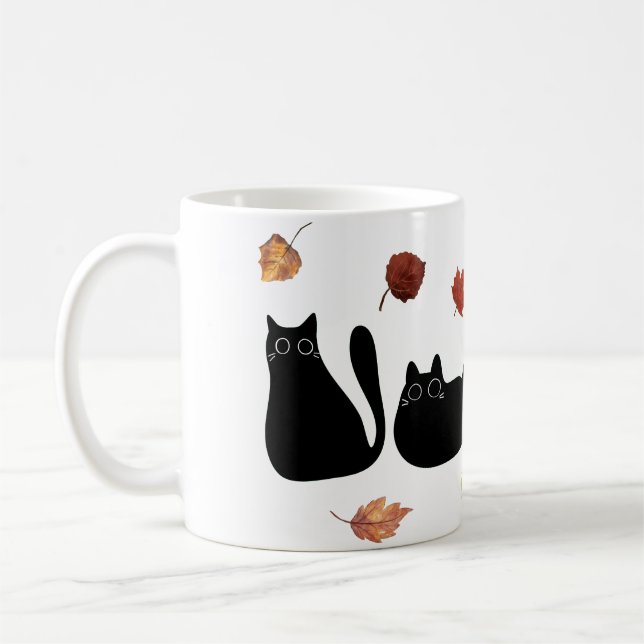 Whimsischer Cat Line Art mit Herbstleuten Kaffeetasse (Links)