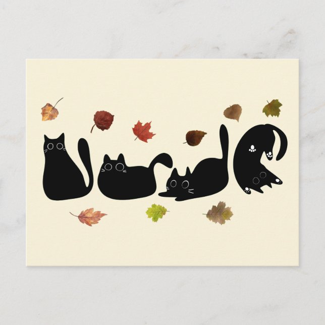 Whimsischer Cat Line Art mit Herbstleuten Postkarte (Vorderseite)