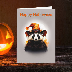 Whimsischer Dachs Orange Hexenhut Halloween Karte