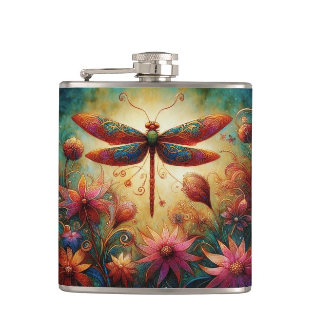 Whimsischer Drachenfliege Abstrakte Kunst Aquamari Flachmann (Vorderseite)