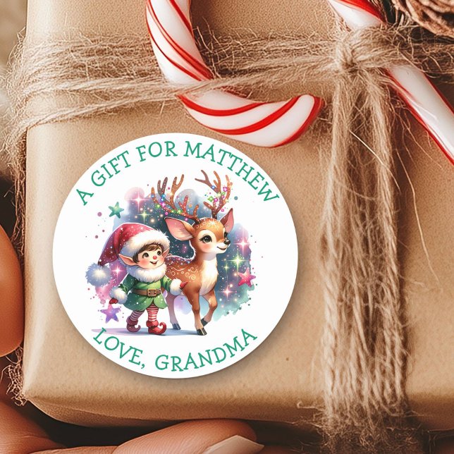 Whimsischer Elf und Reindeer Weihnachten bis und v Runder Aufkleber (Von Creator hochgeladen)