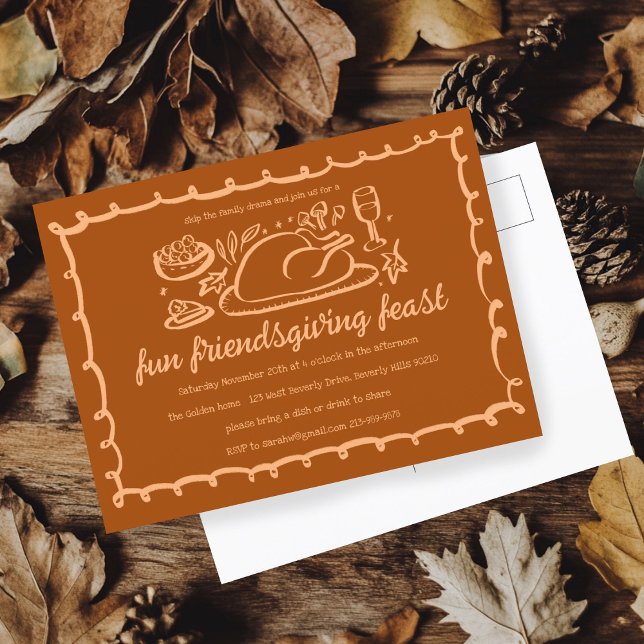 Whimsischer Erntedank Friendsgiving Dinner nach Ma Postkarte (Whimsical Thanksgiving Friendsgiving Dinner Custom Postcard
)