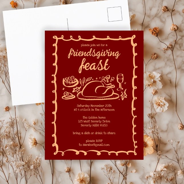 Whimsischer Erntedank Friendsgiving Dinner nach Ma Postkarte (Whimsical Thanksgiving Friendsgiving Dinner Custom Postcard
)
