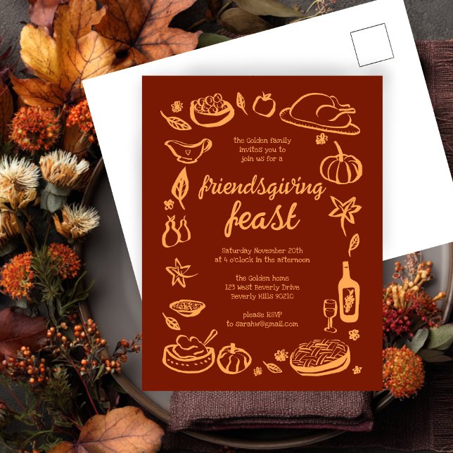 Whimsischer Erntedank Friendsgiving Dinner nach Ma Postkarte (Whimsical Thanksgiving Friendsgiving Dinner Custom Invitation Postcard
)
