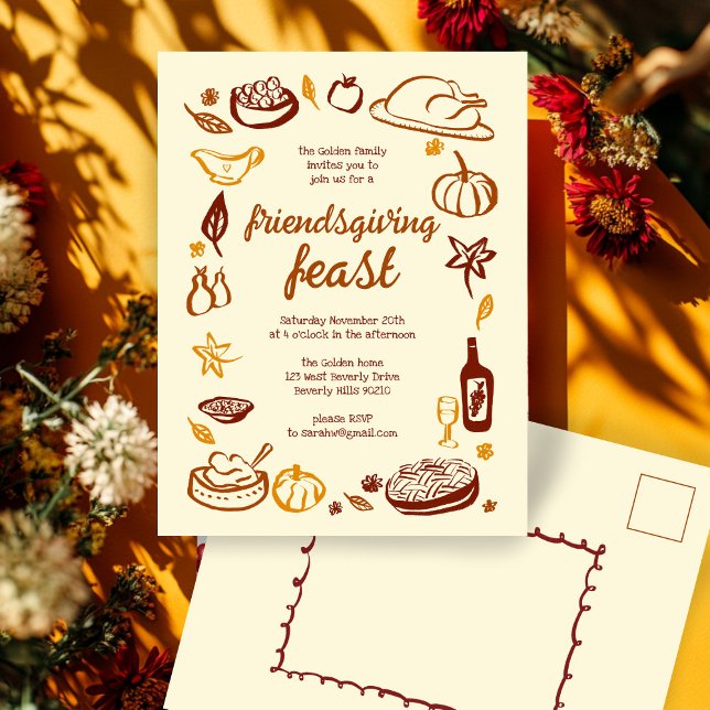 Whimsischer Erntedank Friendsgiving Dinner nach Ma Postkarte (Whimsical Thanksgiving Friendsgiving Dinner Doodle Custom Postcard Invitation
)
