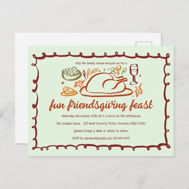 Whimsischer Erntedank Friendsgiving Dinner nach Ma Postkarte (Vorne/Hinten)