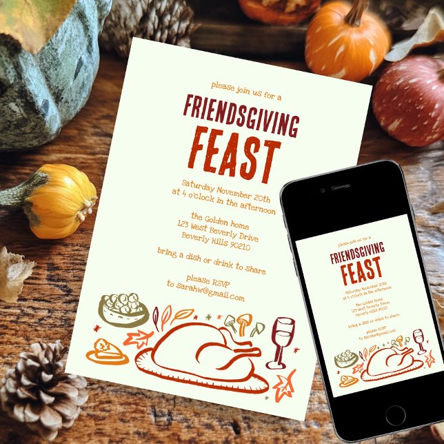 Whimsischer Erntedank Friendsgiving Dinner Party Einladung (Whimsical Thanksgiving Friendsgiving Dinner Party Invitation Digital Download evite)