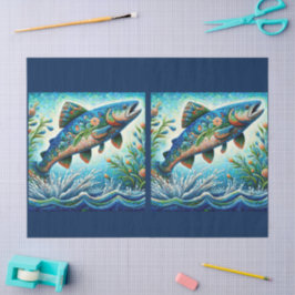 Whimsischer Floral Lachs Blauer Fisch Decoupage Seidenpapier