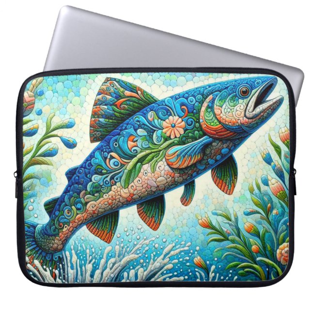 Whimsischer Floral Lachs Blauer grüner Pfirsich Laptopschutzhülle (Vorderseite)