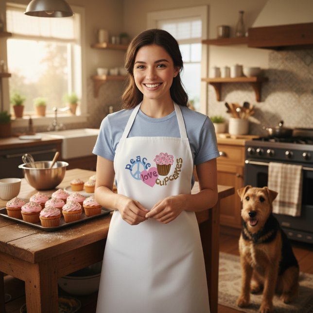 Whimsischer Frieden Liebe Cupcakes Weiße Schürze (Peace love cupcakes apron. )