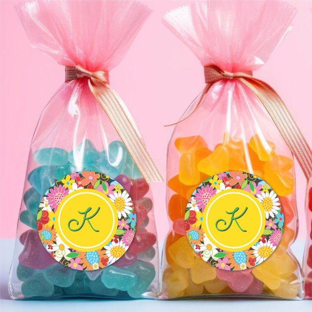 Whimsischer Frühlingsblumen Garten Geburtstag Mono Runder Aufkleber (Chic Spring Flowers Garden Kid's Birthday Party Favor Monogram Sticker / Envelope Seal @ fat_fa_tin)