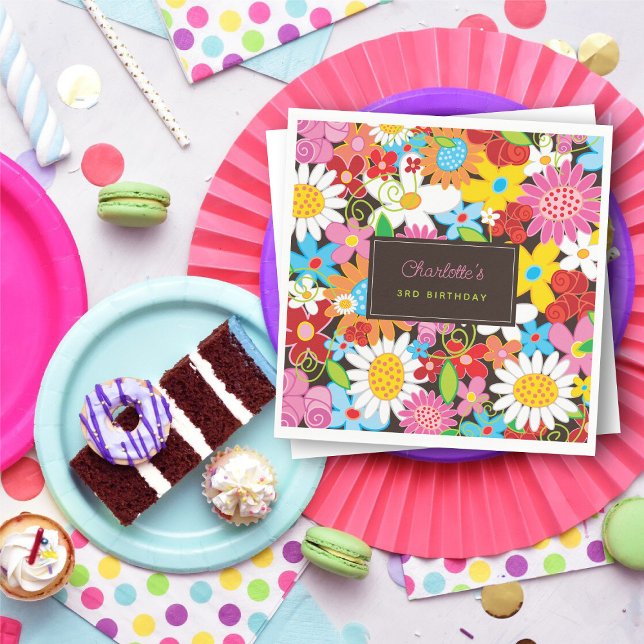 Whimsischer Frühlingsblumen Garten Geburtstagspart Serviette (Colorful Whimsical Spring Flowers Garden Girl's Birthday Party Paper Napkins @ fat_fa_tin)