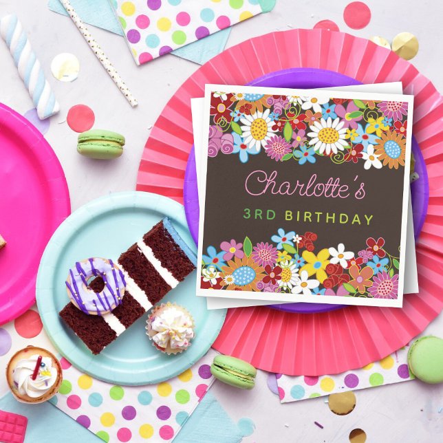 Whimsischer Frühlingsblumen Garten Geburtstagspart Serviette (Whimsical Colorful Spring Flowers Garden Girl's Birthday Party Paper Napkins @ fat_fa_tin)