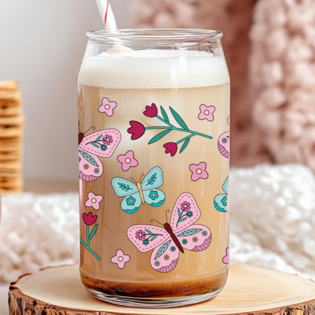 Whimsischer Frühlingsgarten Blume und Schmetterlin Dosenglas (whimsical retro spring floral butterflies pattern glass can )
