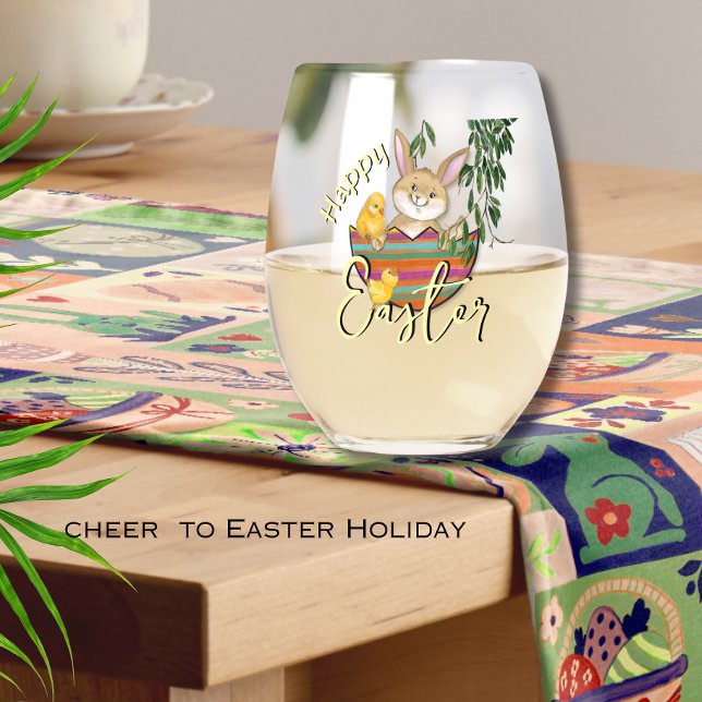 Whimsischer Frühlingshase in Eggshell Weinglas Ohne Stiel (Easter Bunny with Chicken Stemless Wine Glass)