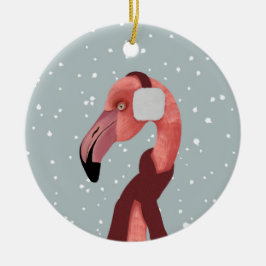 Whimsischer, gemütlicher Winter Flamingo mit Scarf Keramik Ornament