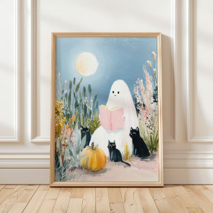 Whimsischer Halloween-Buchliebhaber-Geist Schwarze Poster