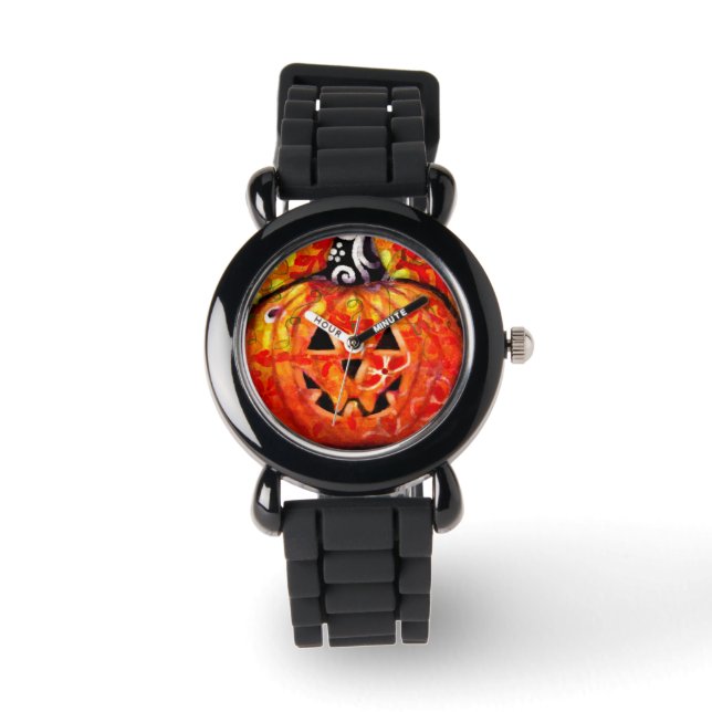 Whimsischer Halloween-Kürbislaterne Floral Orange Armbanduhr (Vorderseite)