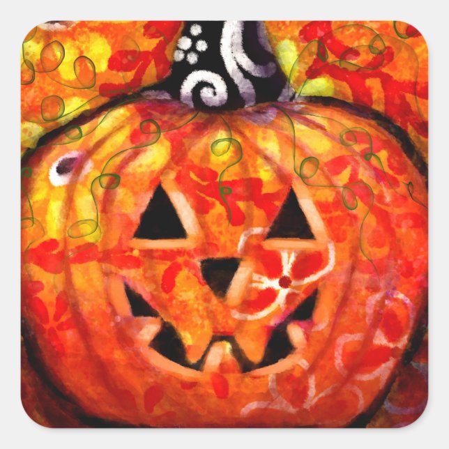 Whimsischer Halloween-Kürbislaterne Floral Orange Quadratischer Aufkleber (Vorderseite)