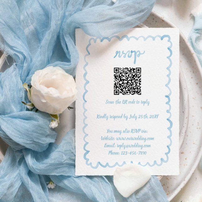 Whimsischer Hand Illustriert Light Blue QR Code RSVP Karte (Von Creator hochgeladen)