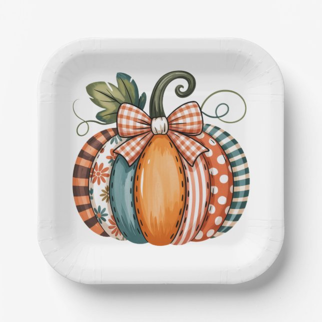 Whimsischer Herbstakzent mit Gingham-Schleife Pappteller (Vorderseite)