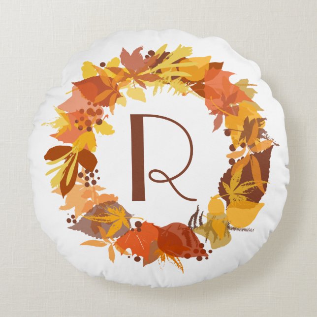 Whimsischer Herbstleaves Wreath Monogram Pillow Rundes Kissen (Vorderseite)