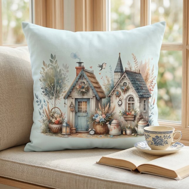 Whimsischer Hütte Garden Kissen (Cottage Haven Floral Homes Illustration Throw Pillow In Window Seat)