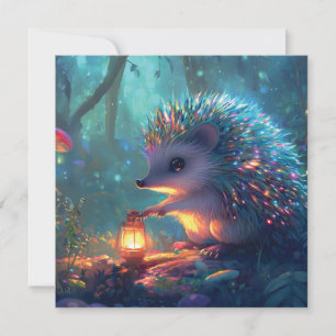 Whimsischer Igel und Laterne im verzauberten Wald Feiertagskarte