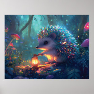Whimsischer Igel und Laterne im verzauberten Wald Poster
