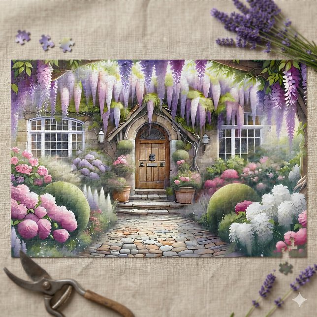 Whimsischer Landhausgartenweg Puzzle (Whimsical Cottage Garden Pathway Jigsaw Puzzle)